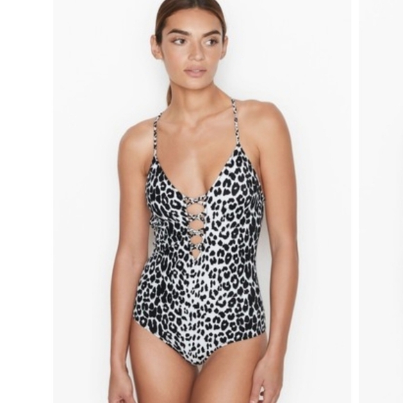 NWT Victorias Secret Animal Print Braided Strap Plunge One Piece Swimsuit SIZE L - Picture 1 of 9